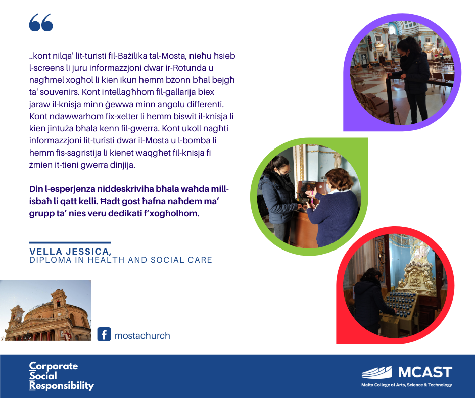 Vella Jessica - MCAST CSR testimonial - Mosta Church